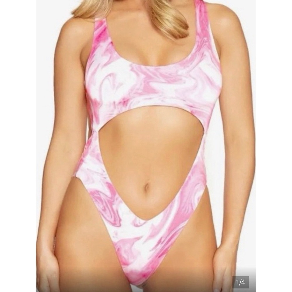 Naked Wardrobe Pink‎ Marble Cutout One Piece Swimsuit XL NWT